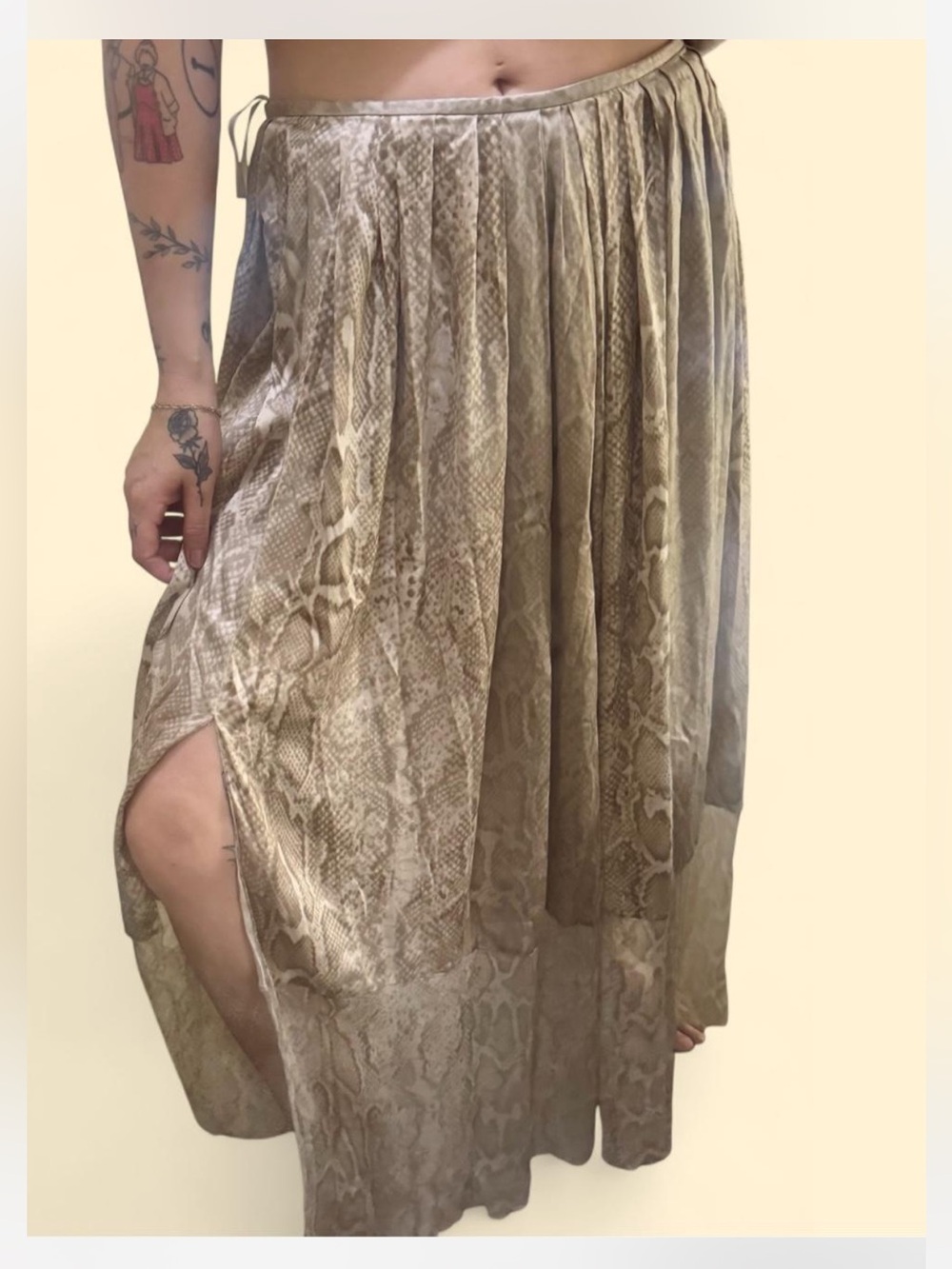 Elie Tahari Taupe Silk Snake-Print Pleated Maxi Skirt with Side Slit